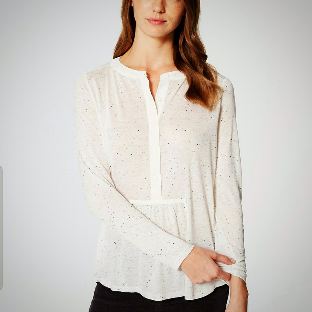LOFT Cream Speckled Shirred Henley Top